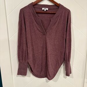 Oat New York Women's Burgundy Long Sleeve split neck Top